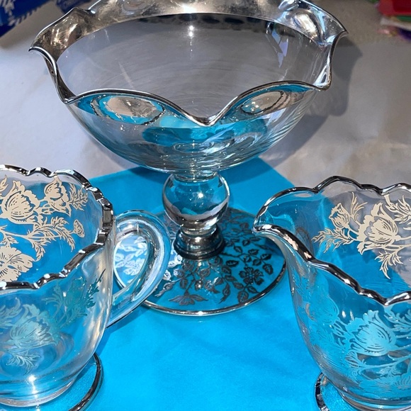VTG Glass Sugar Bowl Footed with Etched With Silver Trim And Flowers, set of 3 - Picture 2 of 6